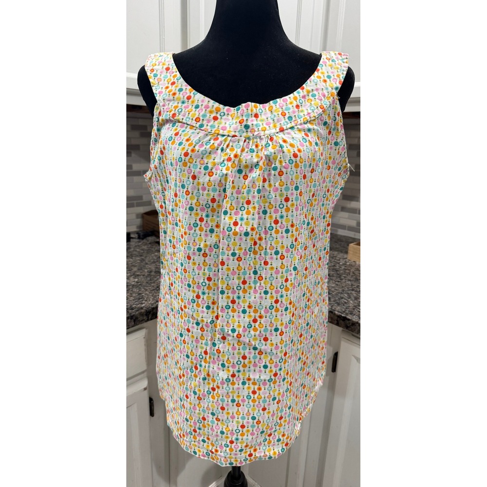 Sleeveless Geometric Circle Dot Print Blouse Scoop Neck Pleated Top White Multi